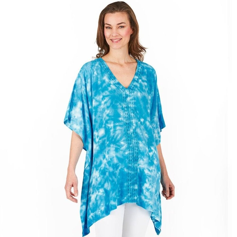 Boho Linen Rayon Corded Trim Lace Embellish Tunic Top Cover Up Beachy Poncho